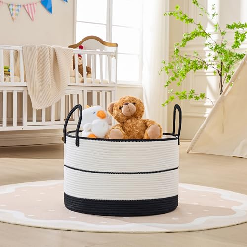 Image of KAKAMAY Cotton Rope Storage Basket (20 inchx13 inch),Woven Hamper for Blankets,Toys,Pillows,Clothes,Laundry,Sturdy Handles Decorative Basket for Living Room, Bedroom,Nursery(Black /Beige)