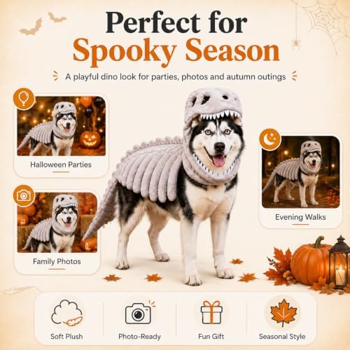 Dog Dinosaur Skeleton Costume,Glow in the Dark Plush Halloween Pet Outfit with Hood,3D Dino Costume for Dogs and Cats (Green,35.4in) — view 6