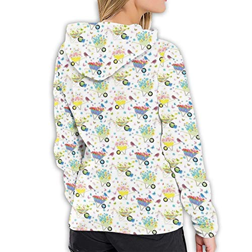 Women's Hoodies Sweatshirts,Rainbow Striped and Checkered Pattern Wheelbarrows Full of Wild Flowers and Birds XL
