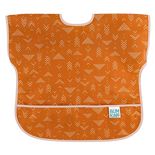 Image of Bumkins Short Sleeve Bib for Girl or Boy, Toddler and Kids for 1-3 Years, Large Size, Essential Must Have for Junior Children, Eating, Mess Saving Soft Fabric Apron for Play, Desert Boho Orange