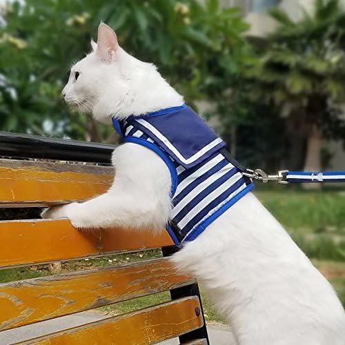 Yizhi Miaow Cat Harness and Leash for Walking Escape Proof, Adjustable Cat Vest Harness, Padded Stylish Cat Walking Jackets, Sailor Suit Navy, Extra Large - 2