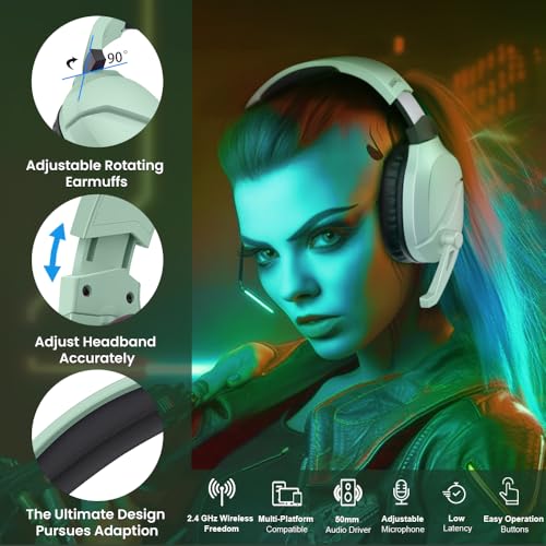 Image of Wireless Gaming Headset with Noise Canceling Microphone for PS5, PC, PS4, 2.4G /Bluetooth Gaming Headphones with USB and Type-c Connector, Wired Mode for Controller (Green)