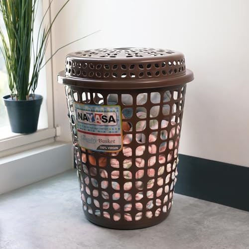 Image of Nayasa Plastic Laundry Basket with Lid - 44 Ltrs | Ventilated Clothes Hamper with Easy-Grip Handles | Clothes & Toy Storage Organizer |(Round Petal) Brown