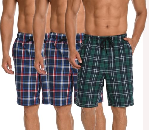 Image of Men's Summer Cotton Woven Pajama Shorts 3-Pack Lightweight Sleepwear Lounge Pockets Elastic Waistband for Home