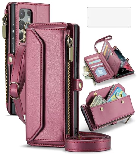 Coque Samsung S22 Ultra étui portefeuille fermeture éclair et verre trempé