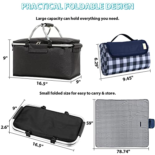 Aovojrm Insulated Picnic Basket And Blanket Set, Large Collapsible Cooler Bags With Aluminium Handles, Portable Grocery Basket Bag And Picnic Blanket For Camping Travel Outdoor Party #TOP5