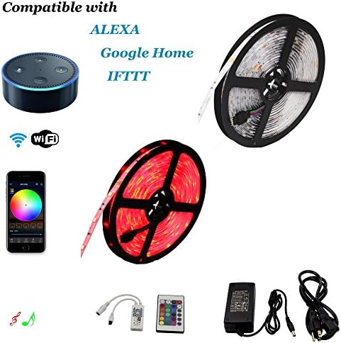 INVOLT RGB LED Strip Light Alexa Compatible Full Kit, 10M 32.8Ft 12V 5050 300LEDs Dimmable, Wifi Wireless Control and Music Sync, Work with Android IOS APP, IR Remote Controller & Google Home & IFTTT