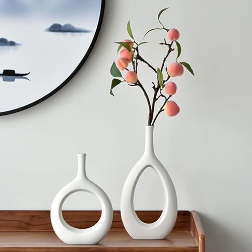 Movno White Ceramic Hollow Vases Set Of 2, Geometric Handmade Flower Vase For Decor, Modern Decorative Vase Centerpiece For Wedding Living Room Office Bedroom Dinner Table Party-Housewarming Gift #TOP2