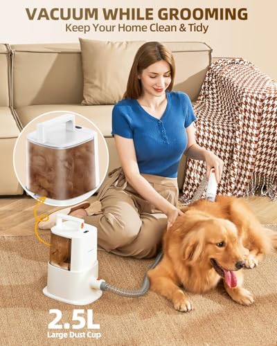 Dog Grooming Vacuum Kit for Shedding: Professional Hair Clippers Pet Groomer Large Dust Cup Strong Suction Deshedding Brush Low Noise Pet Grooming Tools for Home Use Cat Cleaning (White)