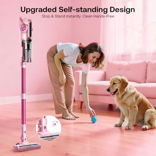 Image of Trucozie Cordless Vacuum Cleaner, Self-Standing Lightweight Stick Vacuum with 50 mins Runtime, Powerful Suction, Anti-Tangle Wireless Vacuum for Home, Hardwood Floor, Carpet, Pet Hair, Pink