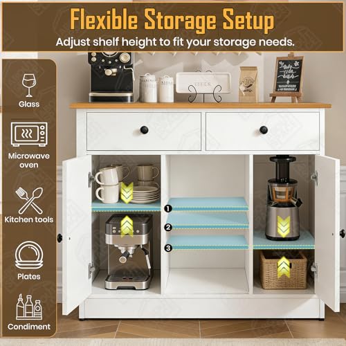 Image of ABOUT SPACE 3ft Kitchen Storage Cabinet with 2 Drawers, Open Center Shelf, 2 Closed Cabinet with Adjustable Shelves Modern Kitchen Rack Cupboard for Dining Room, Living Room, Entryway - CM Oak & White