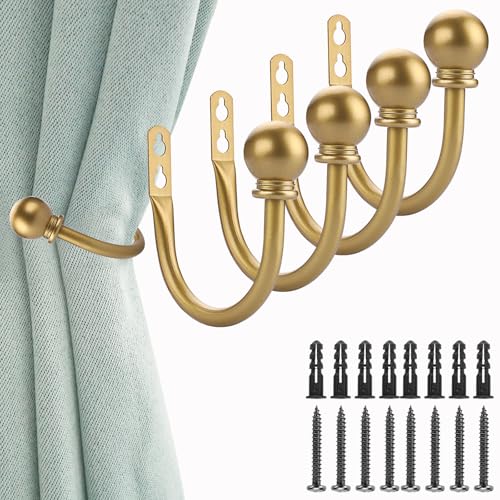 Sumnacon Set of 4 Decorative Curtain Holdbacks, Wall Mounted Aluminum Alloy Window Drapery Tiebacks for Bedroom, Livingroom Office Come with Screws, Gold
