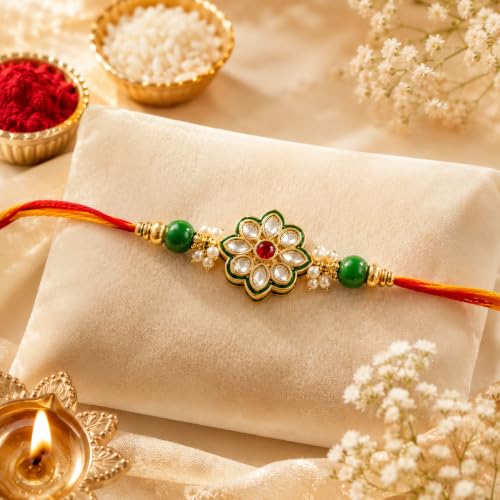Image of CraftVatika Kundan Rakhi for Brother Boy Men, Designer Kundan Rakhi for Rakshabandhan Festival, Traditional Raki for Bhai, Premium Raksha Bandhan Rakhies for Bhaiya RakshaBandhan Bracelet Set of 1