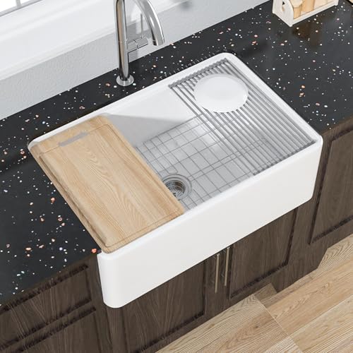 Miuara Farmhouse Workstation Sink 30 Inch for Kitchen - White Apron Front Fireclay Kitchen Sink Reversible 30'x20'x10', Farm House Style Heavy Duty Deep Single Bowl