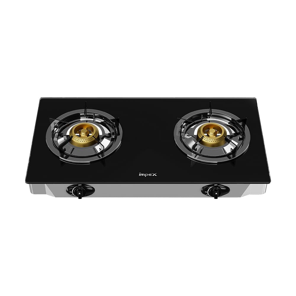 Impex 2 Burner Glass Top Gas Stove, Auto Ignition, Toughened Glass, ErgonomicKnobs, StainlessSteel Spill Base, EnamelCoated PanSupport, Blue Flame Efficiency, Water Tray, L-Shape Inlet Pipe IGS 1214F