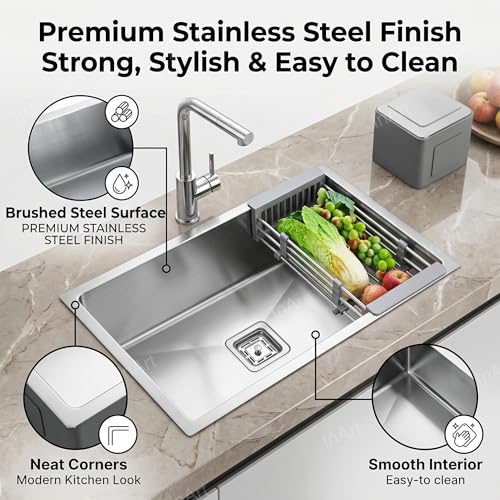 Image of InArt 304 Grade Stainless Steel Single Bowl Handmade Kitchen Sink 2mm Thickness High Grade Stainless Steel with Coupling and Fruit Basket (21 inch X 18 inch X 9 inch Inches)