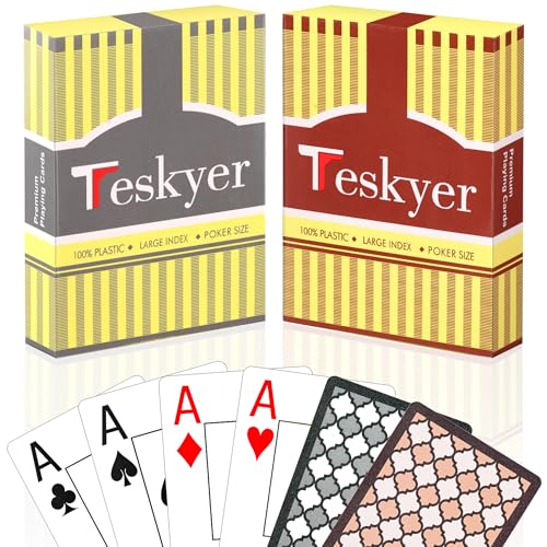 Teskyer 2 Pack Waterproof Playing Cards, 100% Plastic Premium Durable Poker Cards, 2 Deck of Cards - Large Index