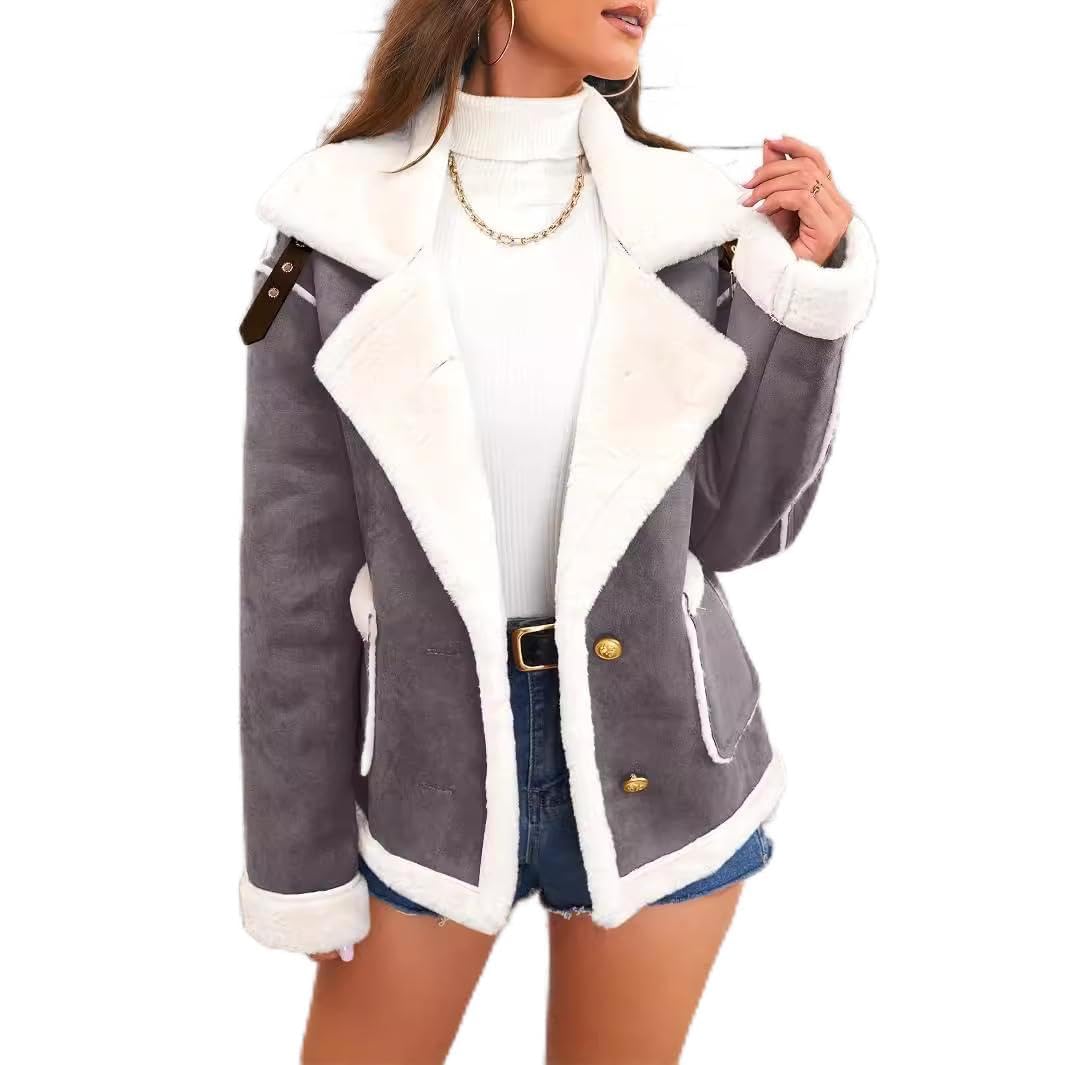 Windehao Women's Dark Grey Cozy Lapel Plush Jacket – Warm Winter Casual Outerwear, Sherpa Lined Cropped Moto Jackets, Faux Suede Fur Lined Sherpa Coat (,Xl)