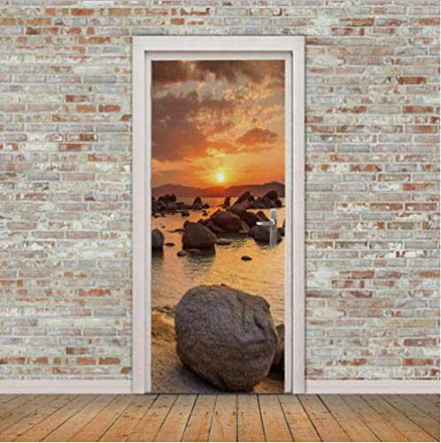 Papier Peint Porte Paysage coucher de soleil 77cm x 200cm Sticker Porte 3D - Autocollant Porte Trompe l'œil - Poster de Porte - Stickers muraux Auto-adhésif Imperméable Amovible Salon Cuisine Chambre Cover