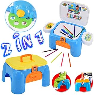 deAO Drawing Doodle Projector Desk Set - Handy 2in1 Carrycase & Stool with Picture Discs and Colour Pens