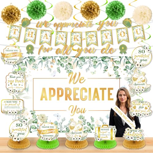 Image of We Appreciate You Party Decorations Sage Green Gold Thank You for All You Do Banner Honeycomb Centerpieces Hanging Swirls Kit for Office Employee Pastor Teacher Doctor Appreciation Party Gift Decor
