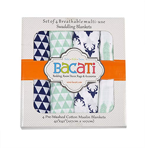 Bacati - Tribal/Aztec Baby Swaddle Blanket Boys Swaddle Wrap Soft Breathable Cotton Muslin Swaddle Blankets Receiving Blanket For Boys, Large 45 X 45 Inches (Noah Tribal Mint/Navy) #TOP3