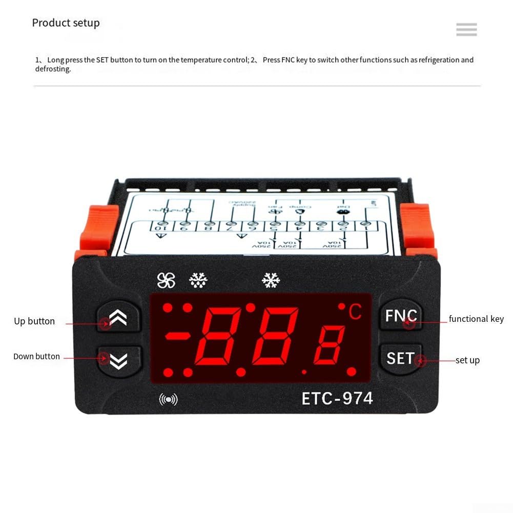 ETC-974 Régulateur de température pour équipement de refroidissement avec deux capteurs, fonction de dégivrage intégrée et alarme, fonctionne avec AC/DC 12V