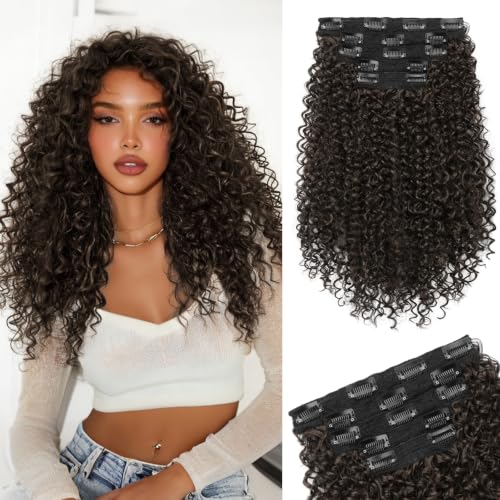Sofeiyan 5 Pcs Extensiones de Cabello con Clips,40 cm Extensiones pelo Natural Rizado se Utilizan para Añadir Volumen,Extension de Cabello Seda 100% Proteína Pura para Mujeres,Marrón Chocolate Oscuro
