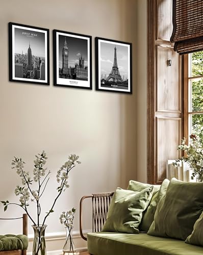 Image of NoWorries Black & White City Wall Art Framed Painting Set of 3 | New York London Paris Skyline Prints with Frame | Modern Minimalist Travel Poster Wall Decor Frames for Living Room, Bedroom and Office | Ready to Hang (Art-2, 10x13inch, Wooden)