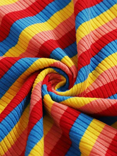 Shein Women's Striped Embroidery V Neck Ribbed Knit Bodycon Mini Dress Rainbow Short Sleeve Collar T Shirt Dresses Multicolor Medium #TOP3