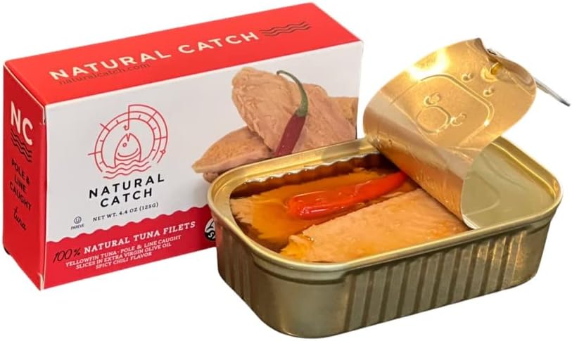 Natural Catch Tuna Spicy Yellowfin Filets, Hand Cut, Pole & Line Caught, 130 Calories Gluten-Free, Paleo, Keto Friendly, Premium Yellowfin Tuna in Extra Virgin Olive Oil and Spicy Chili's (4.4
