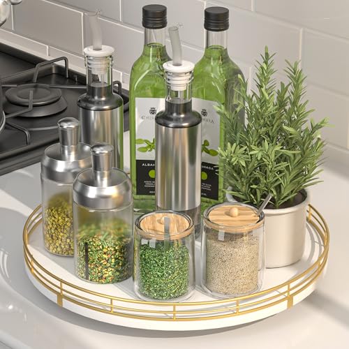Image of 12 inch Wooden Lazy Susan Turntable for Cabinet - Round Rotating Spice Rack Organizer, White Kitchen Countertop Tray for Dining Table & Pantry Storage (White & Gold)