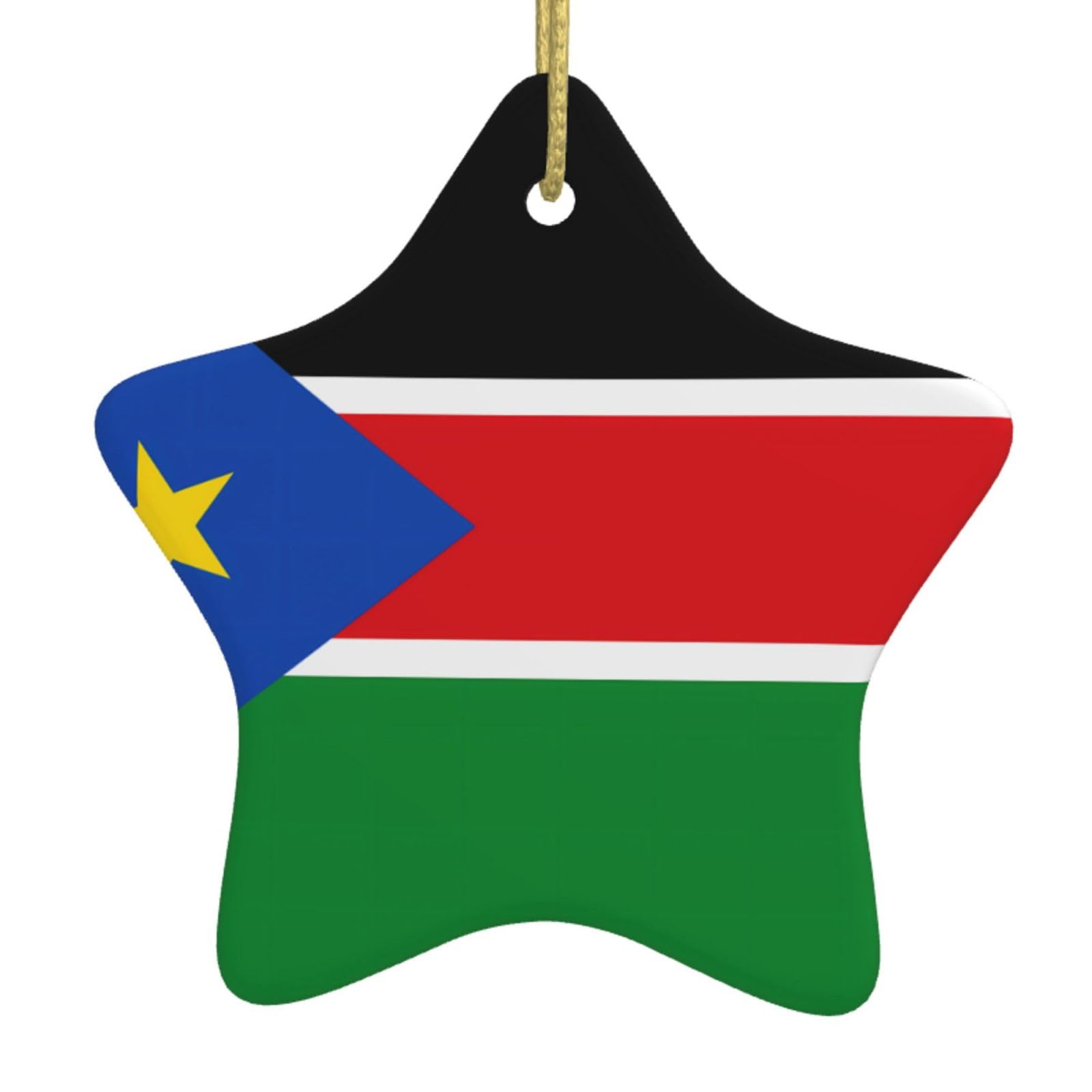 Flag of South Sudan Christmas Ceramic Star Pendant with Punched Holes and Gold Wire Rope, Christmas Tree Home Decoration