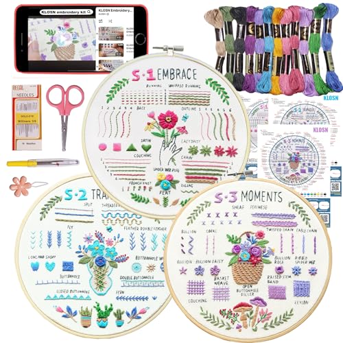 KLOSN 3 Sets Embroidery Kit for Beginners, 37 Embroidery Stitch Kits Adults Beginner with Embroidery Patterns, Punch Needle Point Kits Adults Including Embroidery Supplies and Instruction Video