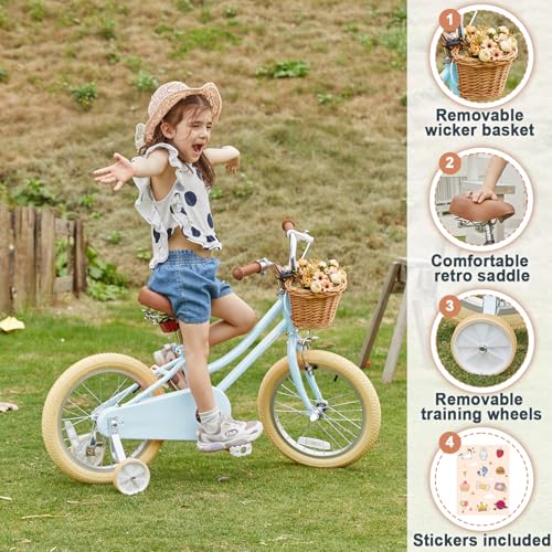 Image of Petimini Vintage Kids Bike for Girls, 12-20 Inch Classic Bicycle with Wicker Basket & Bell, High Tensile Steel Frame, Training Wheels (12-18 inch), 85% Pre-Assembled, Retro Bike for Outdoor Riding