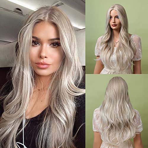 HAIRCUBE White Wigs for Women Ash Highlights Creamy White Wig Long Curly Middle Part Wigs Heat Resistant Synthetic Wigs for Daily Use Party Cosplay Taking Photos