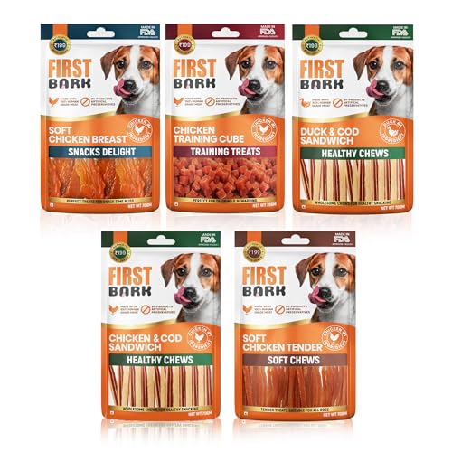 Image of FirstBark Dog Treats for Adult Dog & Puppy - Snack Delights, Soft Chews, Training & Healthy Chews Chicken Jerky for Dogs, Small Dogs & Shih Tzu | Dog Snacks & Puppy Treats-Assorted (70g) x5