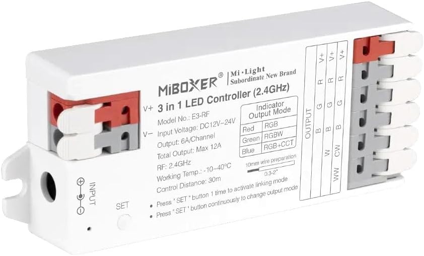 LGIDTECH E3-RF Miboxer 3 in 1 LED Strip Light Controller Tool-Free Wiring,Used for RGB & & RGBW & RGB+CCT LED Strip Light DC 12-24V,Smartphone APP & Voice Control via Gateway(Excluded)