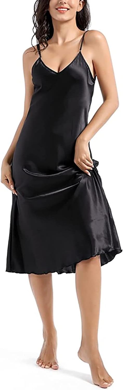 Womens Satin Nightgown Silk Slip Dress Sleepwear Sexy V Neck Negligee Lingerie Long Nightwear - Image 3