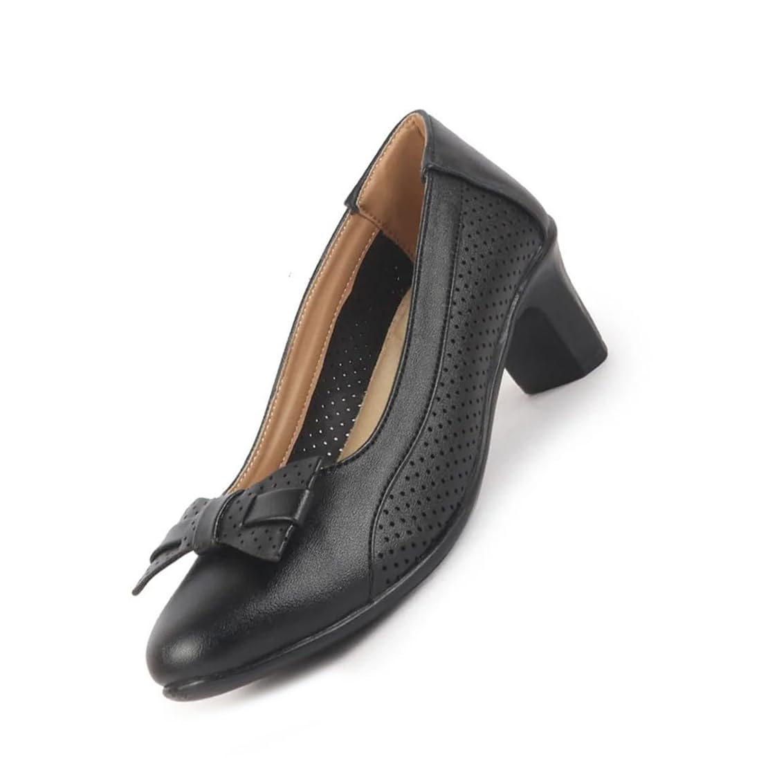 Women Elegant Classic Bow Buckle Pump Heel Ballerina with Perforation | Formal Slip On Ballet Comfort Insole-image-18