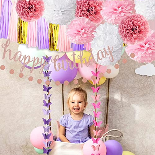 Pink Rose Gold Birthday Party Decoration - Shiny Rose Gold Happy Birthday Banner, Tissue Pommel Flower, Round Dot Wreath And Paper Tassel Wreath Are Used For Birthday Decoration (Integrated Packaging) #TOP3