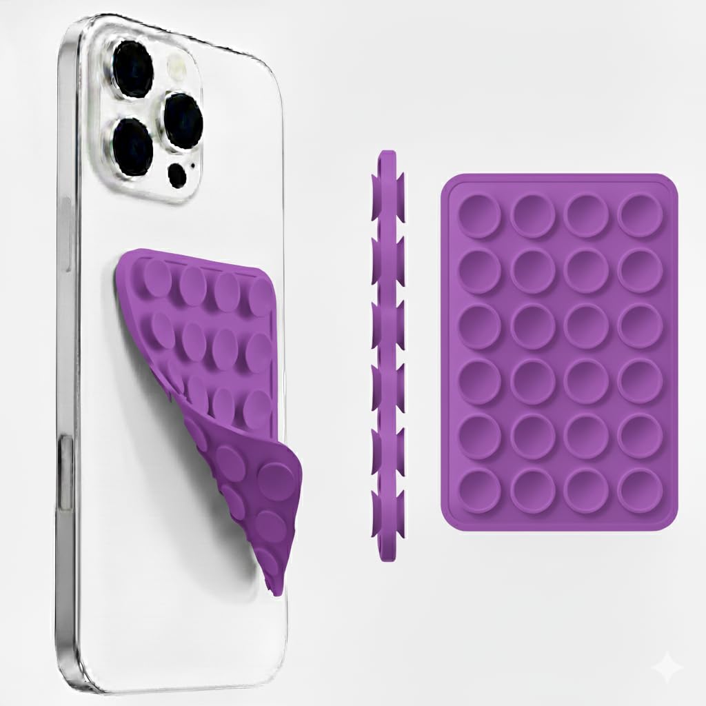 GooseBox Suction Cup Phone Case Mount, Double-Sided Suction Anti-Slip Silicon Sticky Phone Stand Hands-Free Strong Grip Holder for Selfies and Videos (Purple, Pack of 1)-image-23