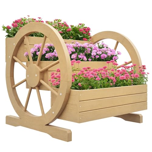 Outsunny Jardinière sur Pieds carré Potager 3 étages Style Rustique Chic avec 2 Roues Charrette Bois Sapin, Trous de Drainage, dim. 62L x 61l x 57H cm Bois...