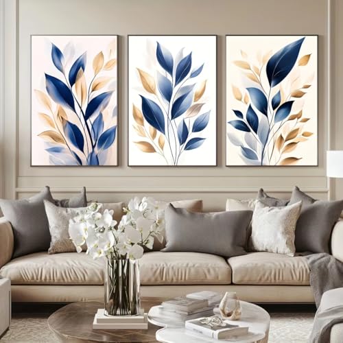 Toile imprimée feuilles bleues et dorées art mural triptyque élégant