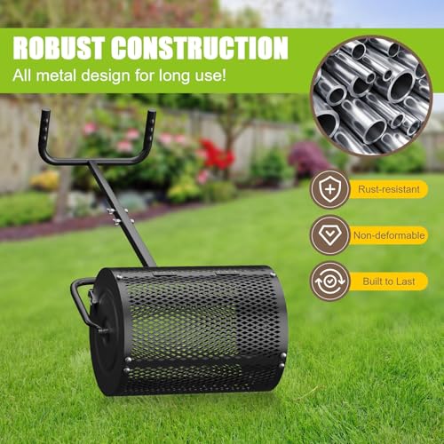 Heavy Duty Compost Spreader z łopatą, 1 Cu Ft Metal Mesh Barrel, ergonomiczny U-Handle & Side Latches do peat Moss Fertilizer Seed Garden Lawn Care, odporna na rdzę trwała konstrukcja