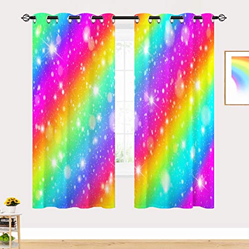 YUANZU Rainbow Striped Curtains, Space Galaxy Glitter Star Fantasy Pastel Clouds with Blackout 3D Printed Curtain - Image 2