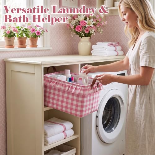 Image of Boao 1 Pcs Pink Ruffled Gingham Canvas Basket, Rectangular Organizing Decorative Storage Basket with Handle, Cute Farmhouse Home Decor for Nursery Room Bathroom Living Room