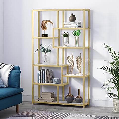 Tribesigns Bookshelf Bookcase, Gold 8-Open Shelf Etagere Bookcase with Faux Marble, Modern Book Shelves Display Shelf Storage Organizer for Home Office Cover