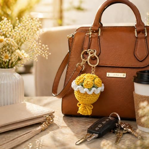 Image of Handmade Crochet Sunflower Keychain for Women & Girls, Cute Yellow Flower Key Ring Charm, Soft Yarn Knitted Gift, Bag Charm, Car Key Holder, Aesthetic Handmade Floral Accessory