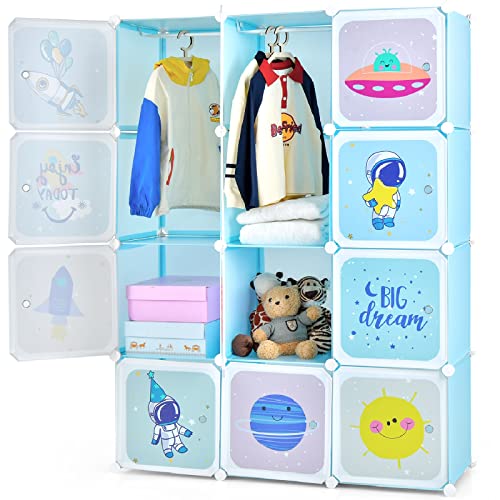 INFANS-Children-Wardrobe-Kid-Closet-Portable-Baby-Dresser-Cute-for-Kids-Bedroom-Nursery-Armoire-with-Doors-12-Cube-2-Hanging-Sections-Kid-Clothes-Storage-Organizer-Blue-12-Cubes INFANS Children Wardrobe Kid Closet Portable Baby Dresser Cute for Kids Bedroom Nursery Armoire with Doors 12 Cube 2 Hanging Sections Kid Clothes Storage Organizer Blue 12 Cubes